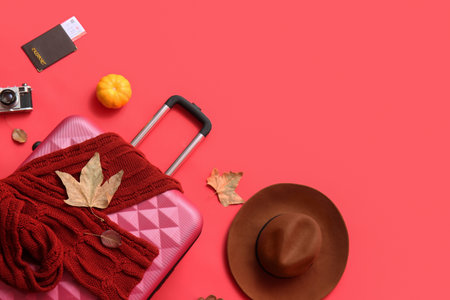 Beautiful autumn composition with suitcase, accessories and passport on red backgroundの写真素材