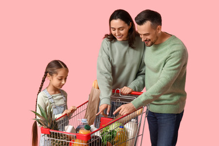 Happy family pointing at full shopping cart on pink backgroundの写真素材