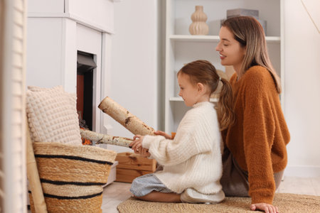 Happy mother and her little daughter adding woods to fireplace in winter day at homeの写真素材