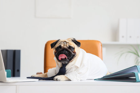Funny pug dog with necktie and laptop at desk in officeの写真素材