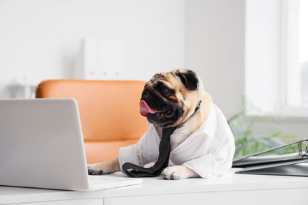 Funny pug dog with necktie and laptop at desk in officeの写真素材