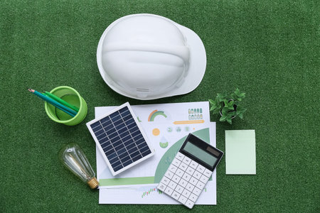 Solar panel with calculator, light bulb and hardhat on grass. Green Energy concept