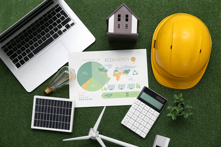 Laptop with solar panel, wind turbine, house model and hardhat on grass. Green Energy conceptの写真素材
