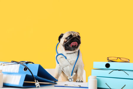 Cute pug dog with stethoscope and folders at table on yellow backgroundの写真素材