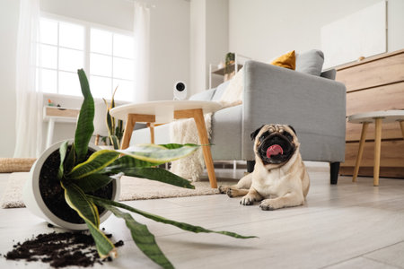 Naughty pug dog with overturned flowerpot under video surveillance at homeの写真素材