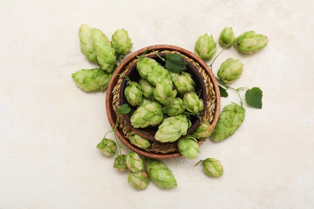 Bowl of green hops cones on white background
