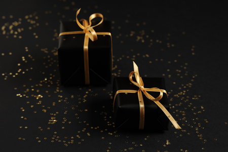 Gift boxes and golden confetti on black backgroundの写真素材