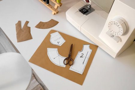 Sewing machine with patterns on tailor's table in atelier, closeup