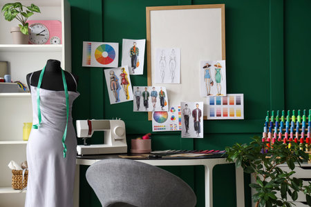 Interior of atelier with tailor's workplace, mannequin and shelf unit