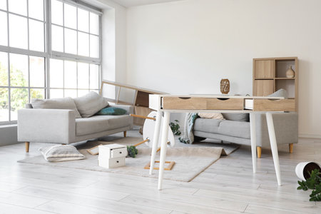 Interior of messy living room with sofas and tables after earthquakeの写真素材