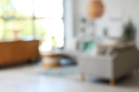 Blurred view of living room with gray sofas, drawers and plants