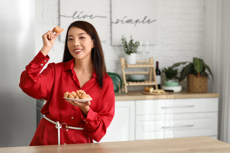 Young Asian woman with fortune cookies at homeの写真素材