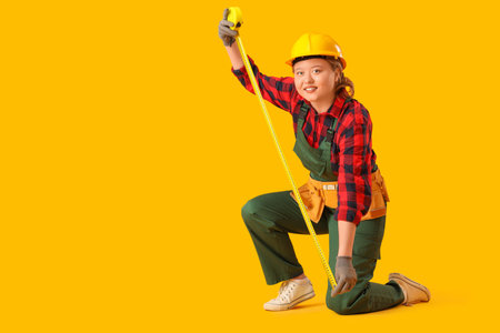 Young female construction worker with measuring tape on yellow background. Woman in male profession...
