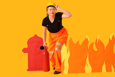 Young female firefighter with fire extinguisher, paper flame and hydrant on yellow background. Woman...