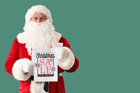 Santa Claus holding paper with text CHRISTMAS SALE and gift card on green backgroundの写真素材