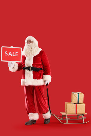 Santa Claus holding board with the word SALE and sledge with gift boxes on red background. Christmas celebrationの写真素材