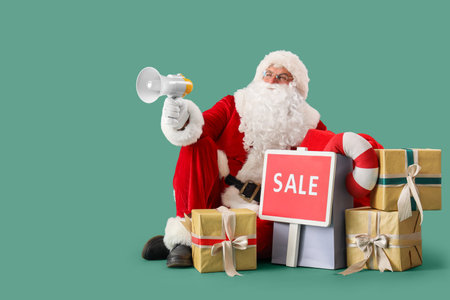 Santa Claus holding megaphone, gift boxes and board with the word SALE on green background. Christmas celebrationの写真素材