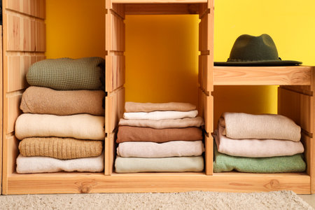 Wooden shelving unit with different folded clothes and hat near yellow wall, closeupの写真素材