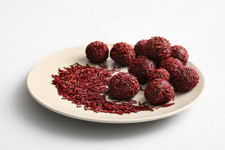 Plate with delicious chocolate truffles and sprinkles on white background