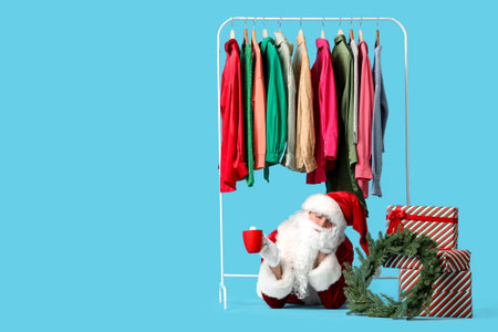 Santa Claus holding cup of drink near rack with different clothes, gift boxes and Christmas wreath on blue backgroundの写真素材