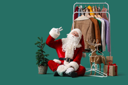 Santa Claus near rack with different clothes, wooden deer, gift boxes and Christmas tree on green backgroundの写真素材
