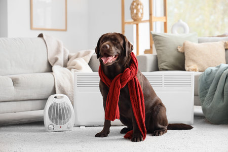 Cute Labrador dog with warm scarf and electric heaters at home