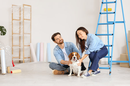 Young couple with Beagle dog during repair in their new houseの写真素材