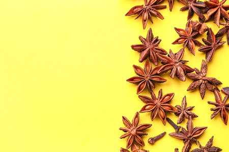 Composition with aromatic star anise spice on yellow backgroundの写真素材
