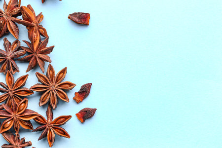 Composition with aromatic star anise spice on color backgroundの写真素材