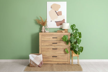 Chest of drawers with Monstera houseplant and picture near green wall in room
