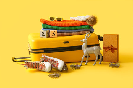 Suitcase with winter clothes and Christmas decor on yellow backgroundの写真素材