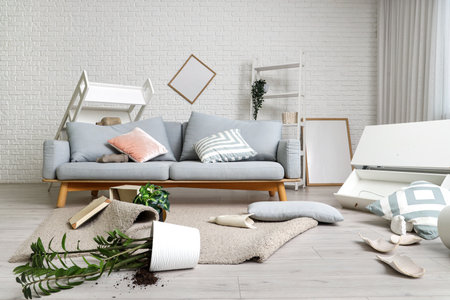 Interior of messy living room with sofa, overturned plants and shelf units after earthquakeの写真素材