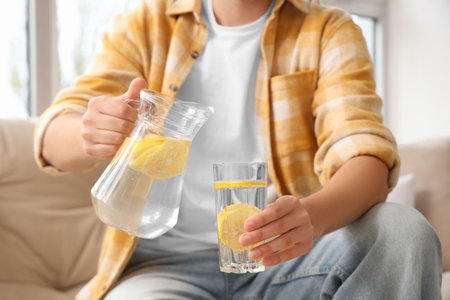 Young man with jug and glass of lemon infused water sitting on sofa at home, closeupの写真素材