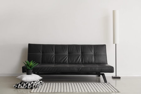 Stylish modern black sofa with pillows and lamp near white wall