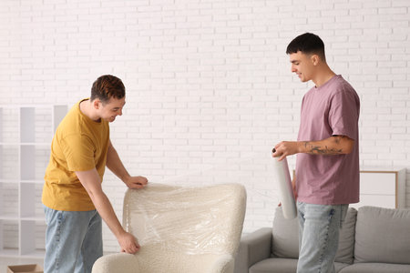 Young men wrapping armchair with stretch film in room on moving dayの写真素材