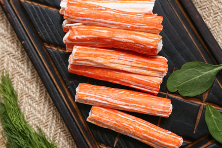 Wooden board with tasty crab sticks, spinach leaves and dill on sack cloth background, closeupの写真素材