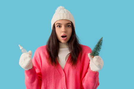 Shocked young woman in winter clothes with serum and toy Christmas tree on blue background