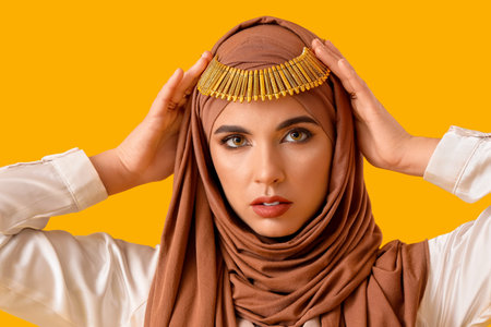 Beautiful Muslim woman in hijab on yellow background, closeup