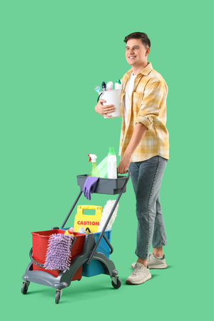 Young man with trolley and cleaning supplies on green backgroundの写真素材