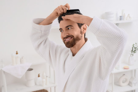 Morning of handsome man combing hair in bathroomの写真素材