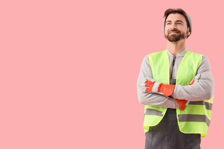 Male scavenger on pink backgroundの写真素材