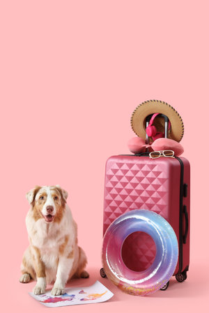 Cute Australian Shepherd dog with travel accessories and suitcase on pink backgroundの写真素材