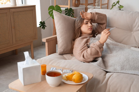 Ill young woman with thermometer and lemon tea on table at homeの写真素材