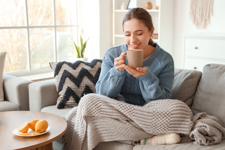 Smiling young woman with lemon tea sitting on sofa at homeの写真素材