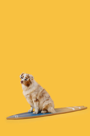 Cute Australian Shepherd dog in sunglasses on surfboard against yellow background. Travel conceptの写真素材