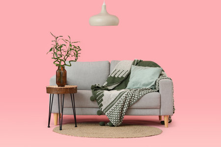 Table with bamboo stems in vase, sofa and lamp on pink backgroundの写真素材