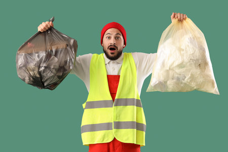 Shocked male scavenger with full garbage bags on green backgroundの写真素材
