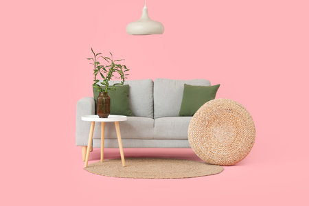 Table with bamboo stems in vase, pouf, sofa and lamp on pink backgroundの写真素材