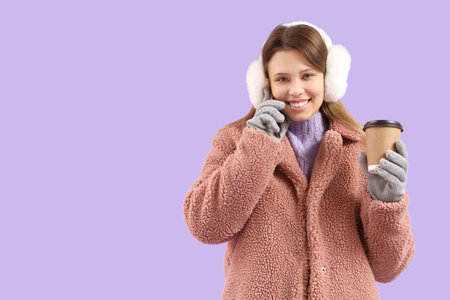 Young woman in winter clothes with coffee cup talking by mobile phone on lilac backgroundの写真素材