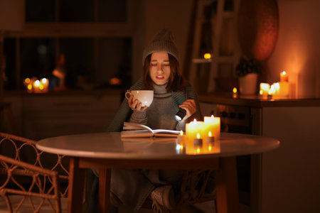 Young woman with tea and flashlight reading book in kitchen during blackoutの写真素材